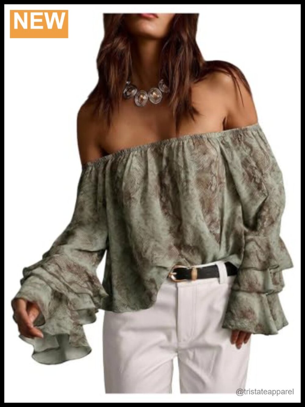 Off Shoulder Ruffle Crop Top Blouse Snake Print Bell Sleeve